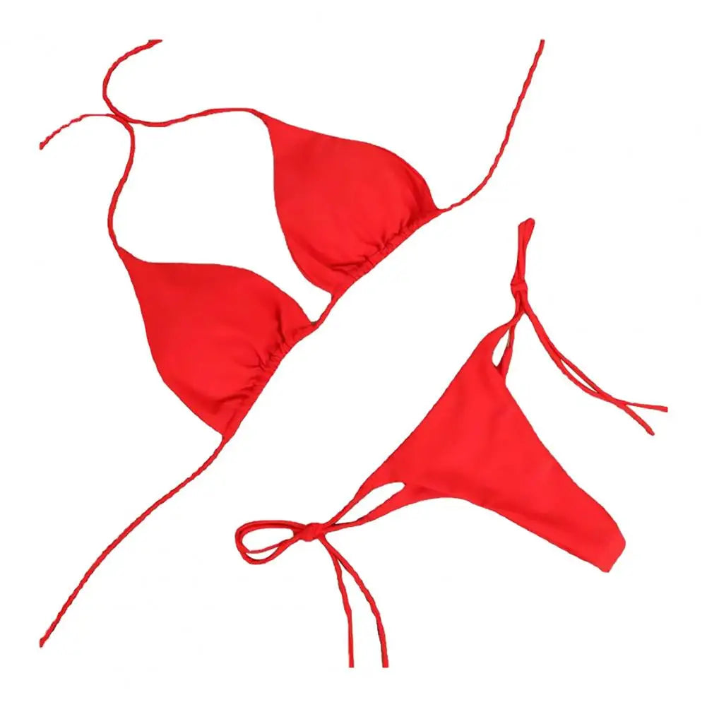 2 Pcs/Set Women Swimsuit  Bikini Set Solid Color Halter Neck Strap Thong Women Swimsuit Set for Beach