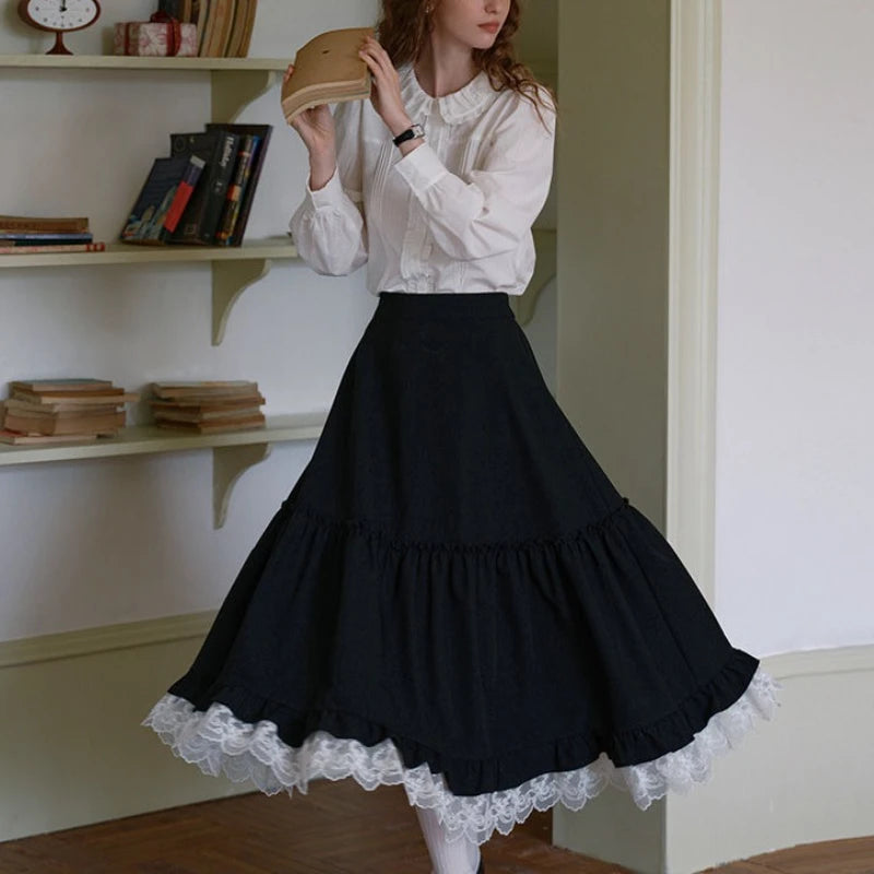 Japanese Style Long Skirt Women Vintage Harajuku Gothic Black Skirts Elegant Lace Patchwork Autumn Winter A-line Skirt voguable