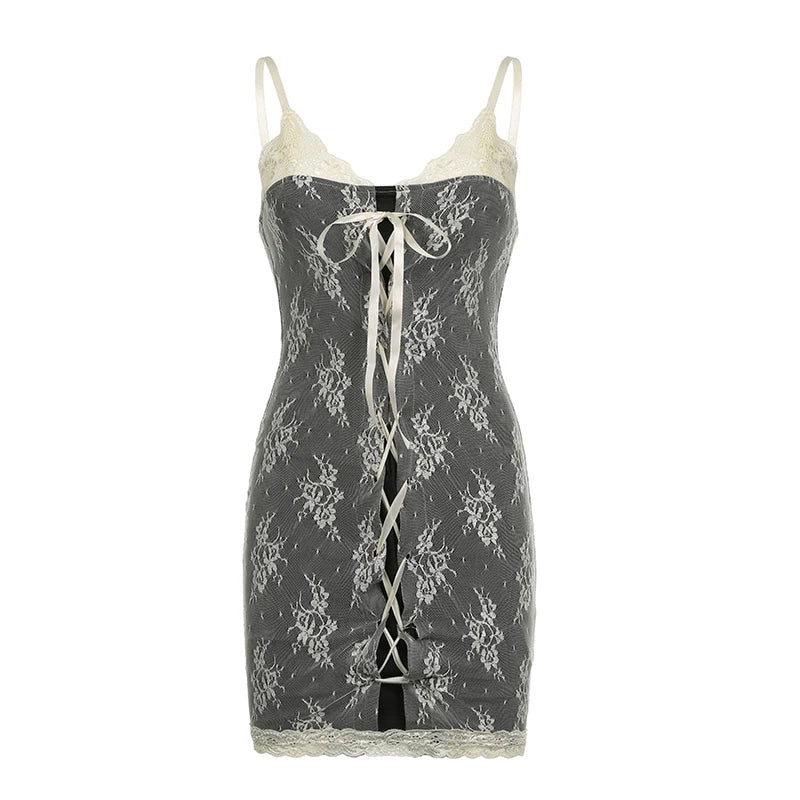 Voguable Chic Sexy Floral Crochet Lace Patchwork Mini Dress Elegant Fashion Sleeveless Bodycon Dresses Party Robe Coquette Y2K voguable