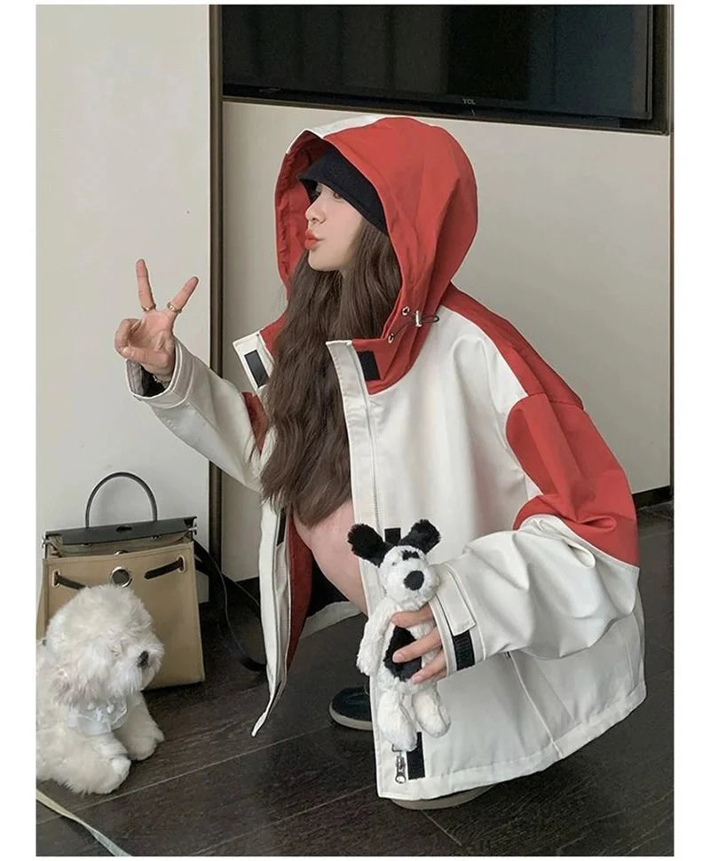 Vintage Patchwork Cargo Jacket Women Loose Preppy Style Long Sleeve Sweet Coat Casual Fall Female Retro All Match New Tops voguable