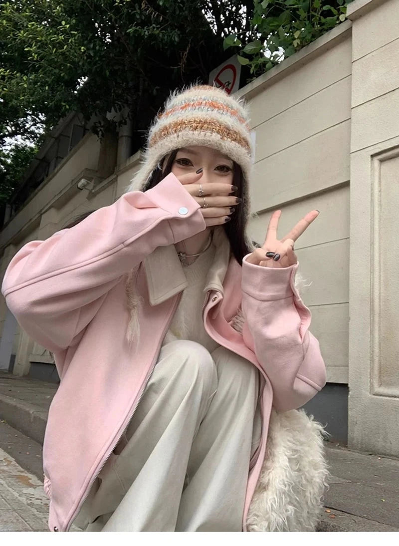 Pink Faux Suede Jacket Women Sweet Long Sleeve Vintage Streetwear Baseball Coat Fall Casual Retro American Y2K Lady Outwear voguable