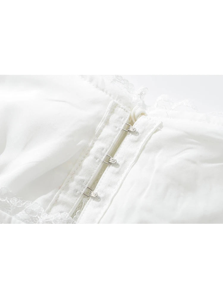Voguable  New Fashion Women Lace Spliced White Tank Top Sleeveless Lace Up Sexy Collar Ladies Summer Crop Top voguable