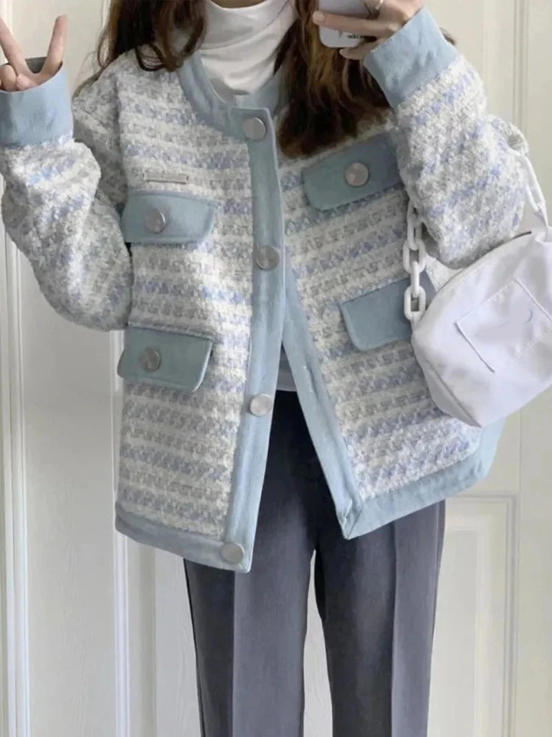 Fall Women Sweet Tweed Jacket Vintage Casual Long Sleeve Elegant Coat French Cute O Neck Women Fall Winter Retro Tops New voguable