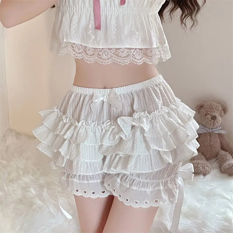 Black White Ruffle Knickers Women Kawaii Pumpkin Panties Cute Lace Bowknot Lolita Safety Shorts Pants Vintage Victorian Bloomers voguable