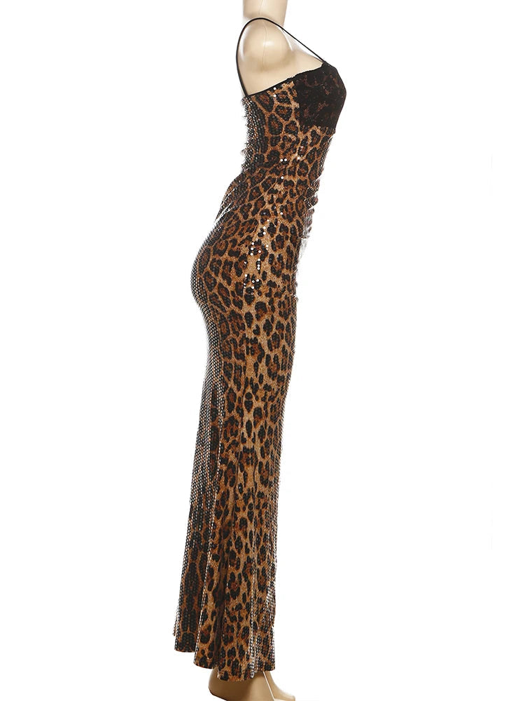 Voguable  Sexy Leopard Slip Dress Women Jacquard Lace Patchwork Sequined Backless Elegant Stretch Slim Street Clubwear Bodycon voguable