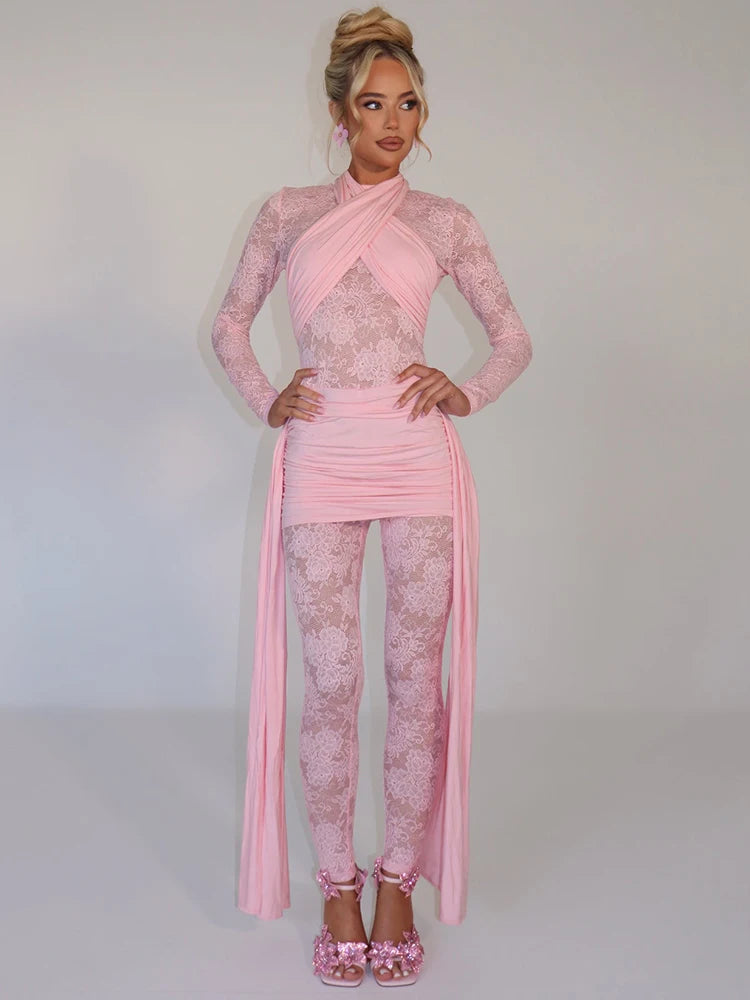 Sexy Lace Jumpsuit Women Sheer Lace Patchwork Long Sleeve Jumpsuits Female Elegant Draped Ruched Skinny Jumpsuit voguable