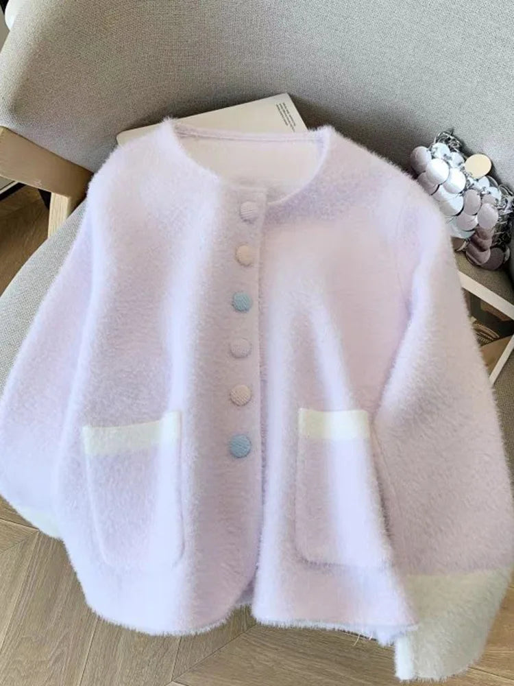 Faux Mink Cashmere Sweet Cardigan Women Long Sleeve O Neck Elegant Knitted Sweaters Korean Fall Winter Fashion Soft Pockets Tops voguable