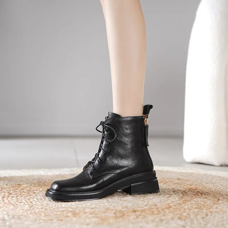 Women Ankle Boots Square Toe Cross-Tied Thick Heels Shoes Woman Rear Zipper Basic Office Lady Short Boots New Autumn Winter voguable