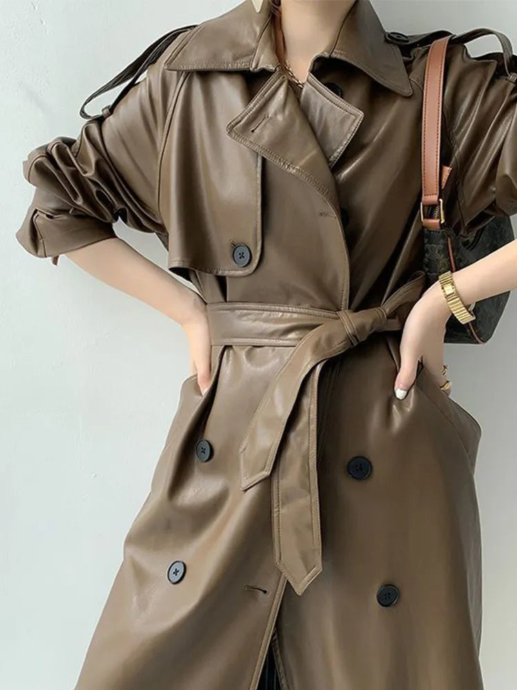 Leather Long Jacket Women Autumn Winter Oversize Lapel Long Sleeve Street Female Coat Belt Double Breasted Loose PU Coats