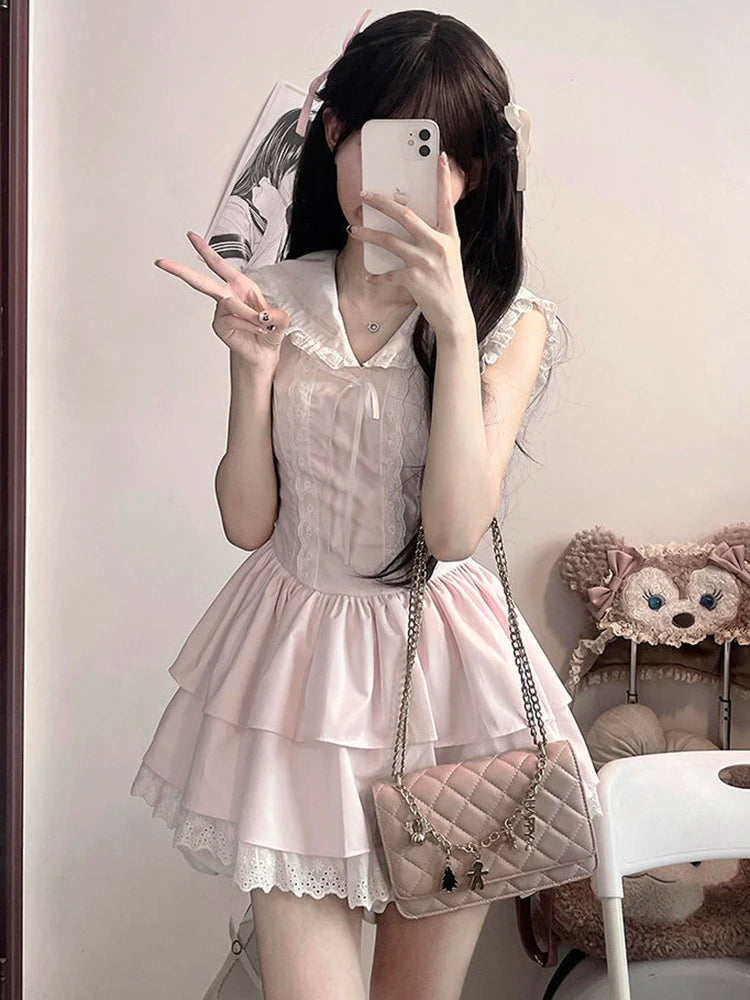 Sweet Slim Pink Dress Women Cute Preppy Style Sailor Collar Mini Dress Casual Retro Japan Lace Patchwork Kawaii Cake Dress voguable