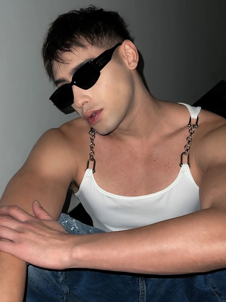 Voguable Metal Chain Strap Design Sleeveless T-shirts Men's Street Fashion Clothes 2024 Summer Male Tank Tops Free Shipping voguable