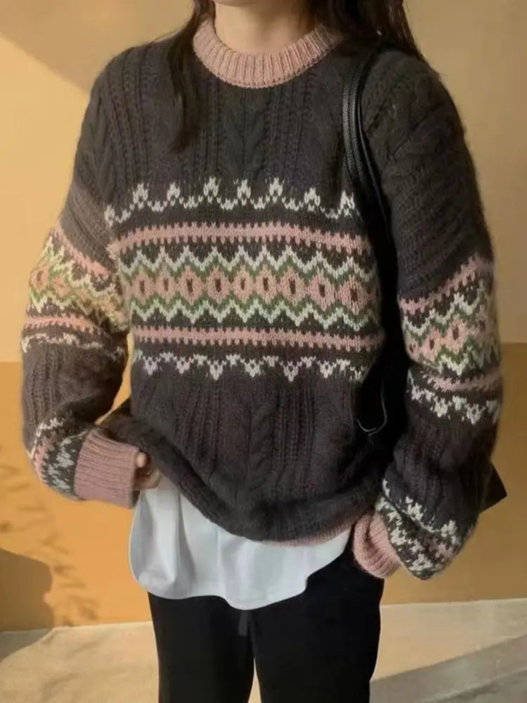 Pullovers Women Loose Vintage Jacquard Autumn Fashion O-neck Comfort Temper Sweater All-match Korean Style Casual Knitted Basic voguable