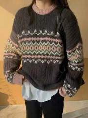 Pullovers Women Loose Vintage Jacquard Autumn Fashion O-neck Comfort Temper Sweater All-match Korean Style Casual Knitted Basic voguable