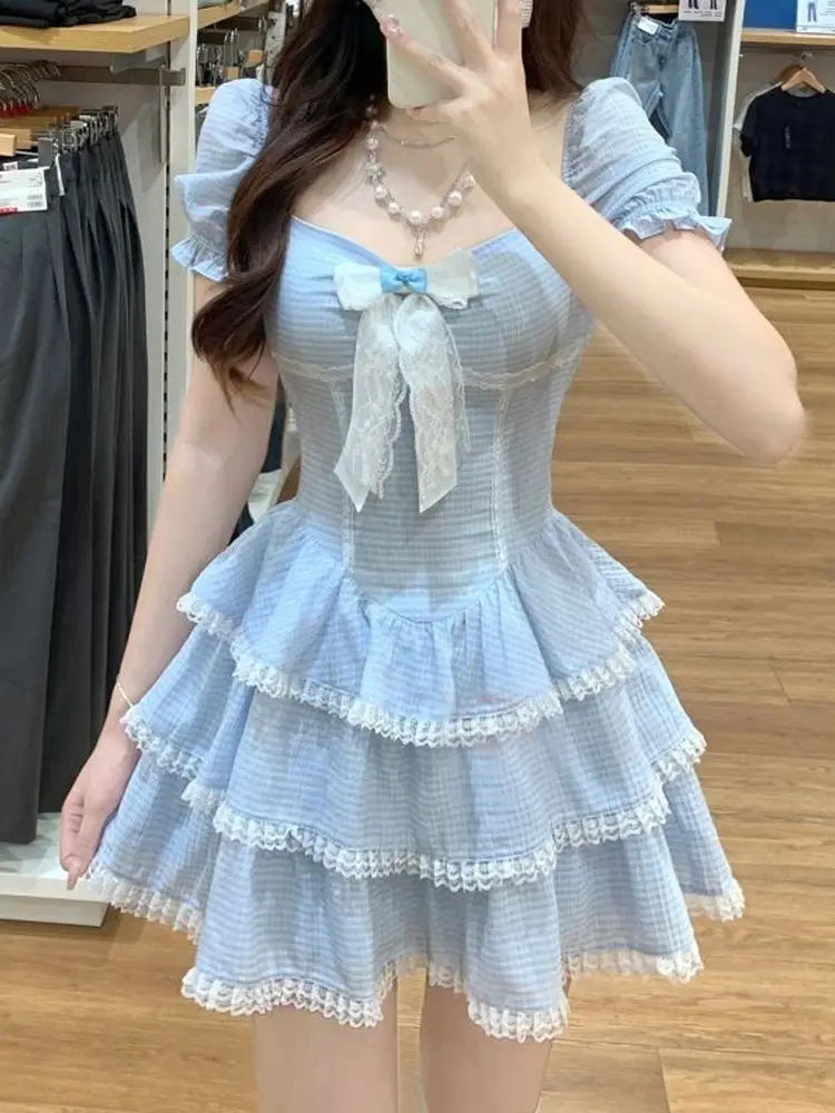 Voguable 2024 Summer Sweet Kawaii Blue Plaid Dress Woman Lolita Lace Y2k Mini Dress Short Party Elegant One Piece Dress Korean Fashion voguable