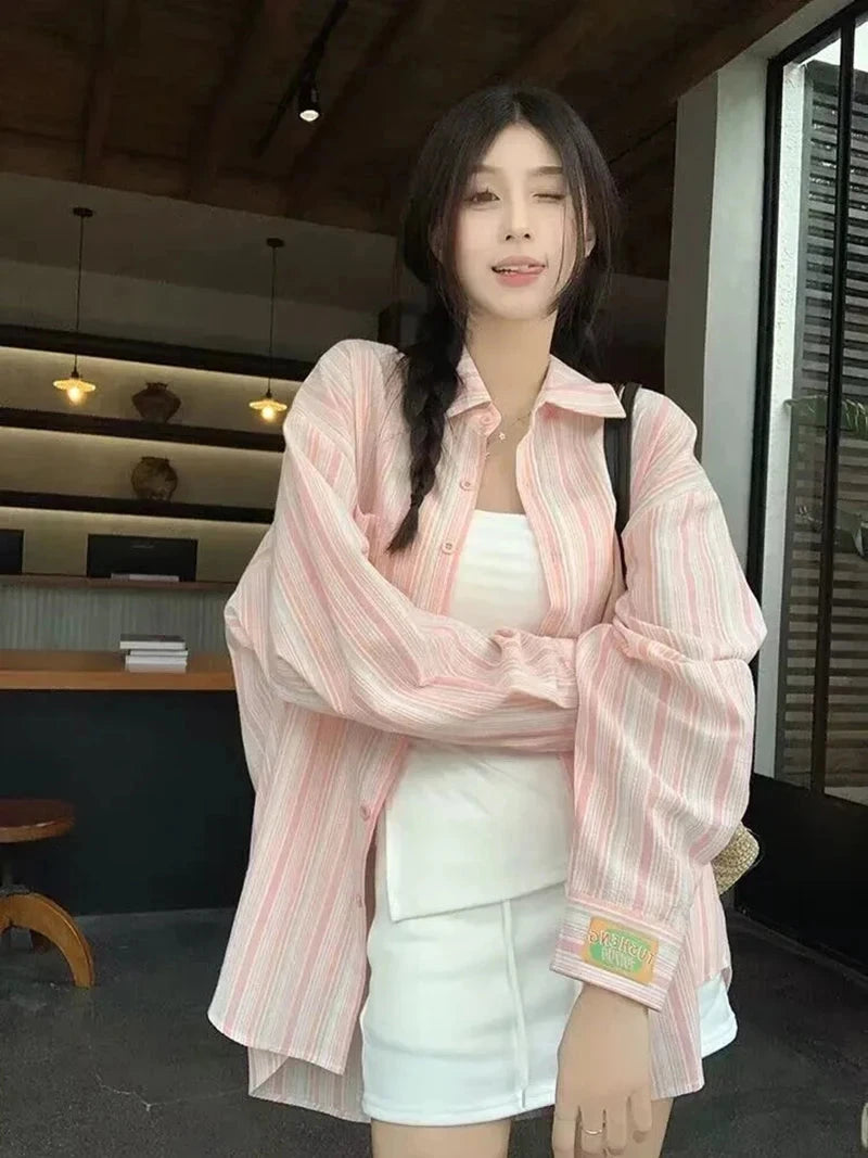 Sweet Casual Women Striped Shirts Loose Long Sleeve Vintage Cotton Linen Sun Proof Blouse Korean Preppy Style Letter Retro Tops voguable
