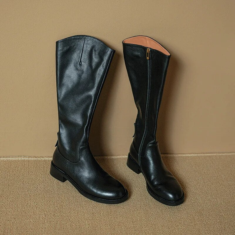 New Fashion Women Knee High Boots Genuine Leather High Heeled Autumn Winter Warm Shoes Woman Snow Motorcycle Boots Shoes voguable