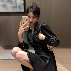 Voguable  Elegant Glossy Satin Mini Dress Women Turn Down Collar Bubble Sleeve Ruched Slim High Waist Flowy A Line Shirt Dresses voguable