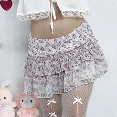Voguable  Kawaii Floral Print Lace Stitching A-line Skirt Pink Low Waist Chiffon Skirts Y2K Coquette Lolita Skirts Soft Girls voguable