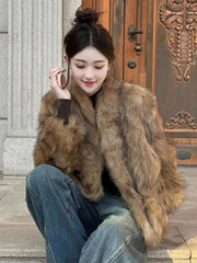 Elegant Vintage Faux Fur Coat Women Slim Long Sleeve Winter Faux Fox Jacket Korean Casual Open Stitch Retro Soft Warm Outwear voguable
