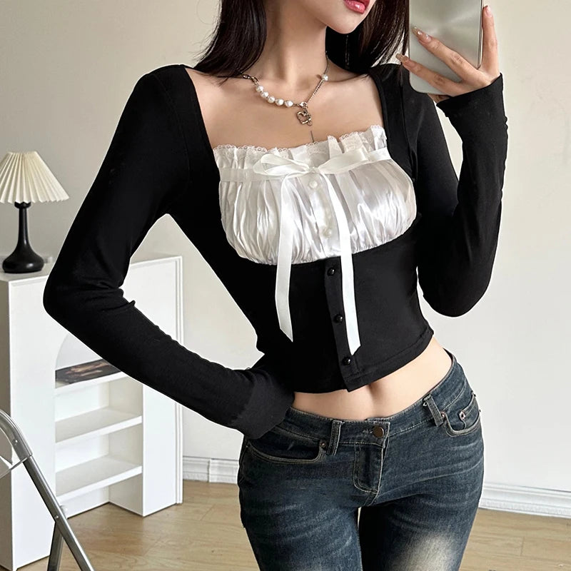Voguable Sweet Contrast Pleated Satin Patchwork Cropped Top Women Coquette Slim-fit Knitted T-shirts Fall Spring Y2K Tops Kawaii voguable