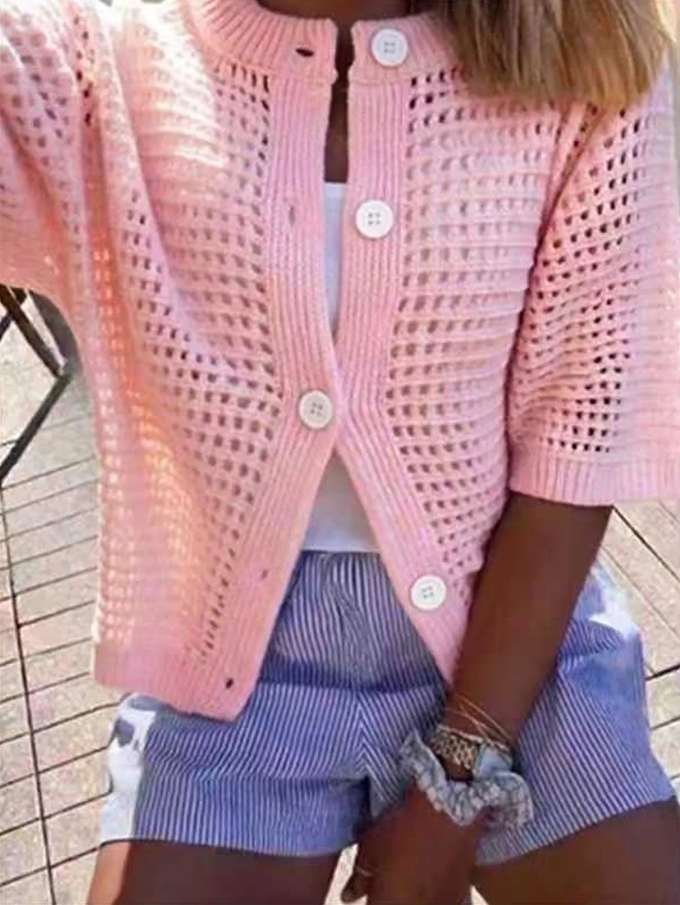 Voguable  Korean Fashion Hollowed Out Round Neck Casual Short Sleeved Cardigan Summer New Solid Color Elegant Women's Knitted Tops voguable