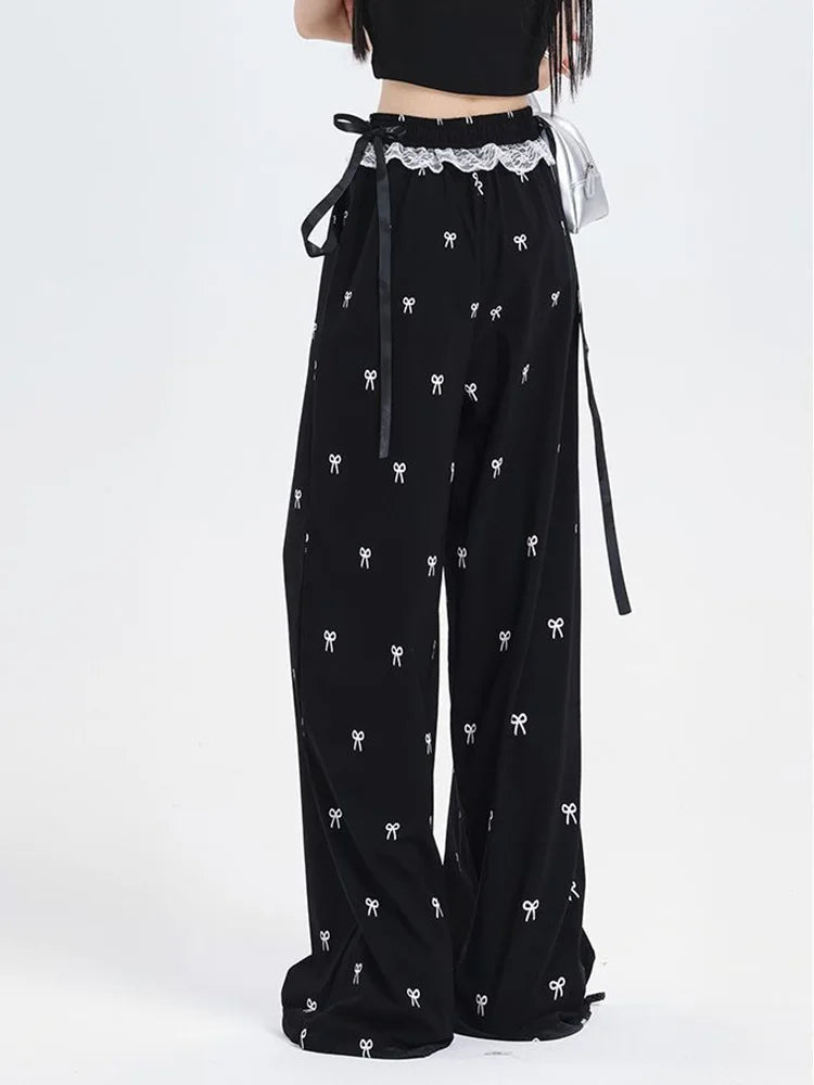 Bow Print Sweet Wide Leg Pant Women Loose Elegant Lace Patchwork Trousers Summer Vintage Cute High Waist Lady Casual Pants voguable