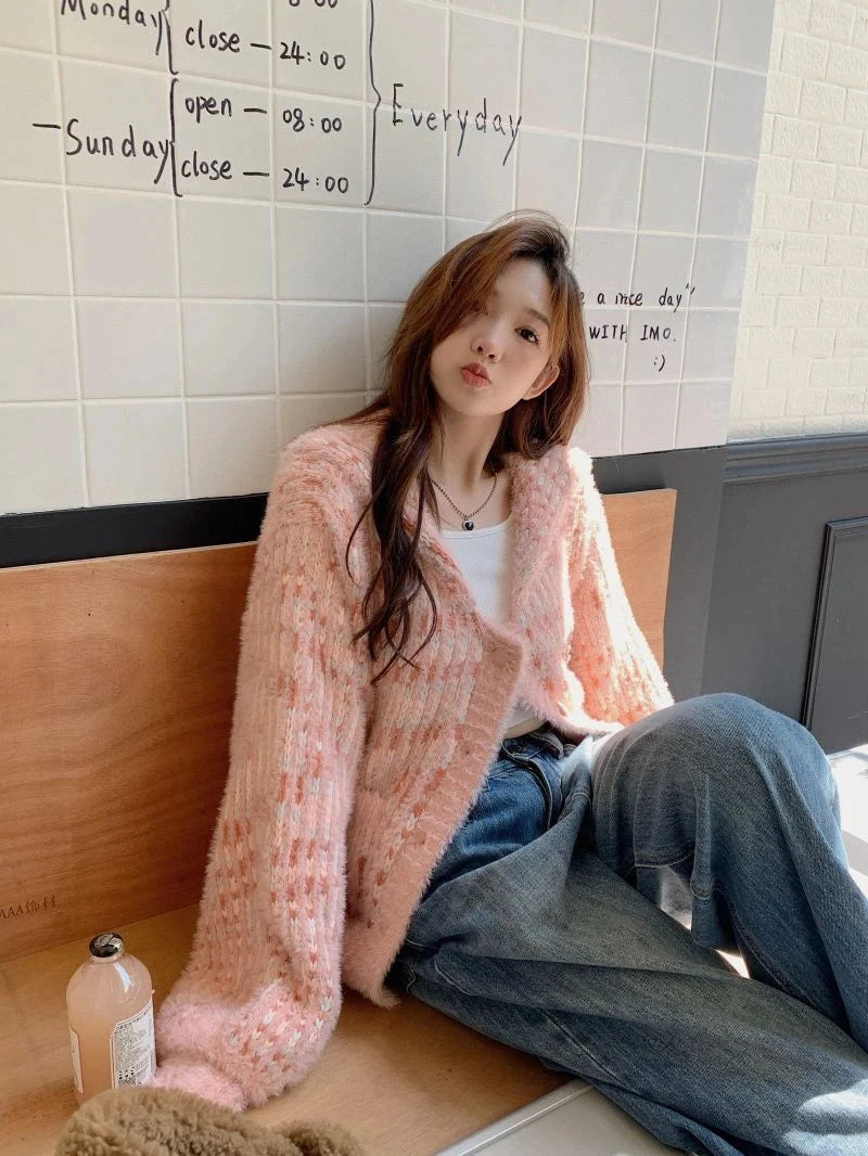 Mohair Sweet Pink Cardigan Sweater Women Elegant Lazy Wind Chic Knitted Coat Loose Long Sleeve Fashion High Quality Tops voguable