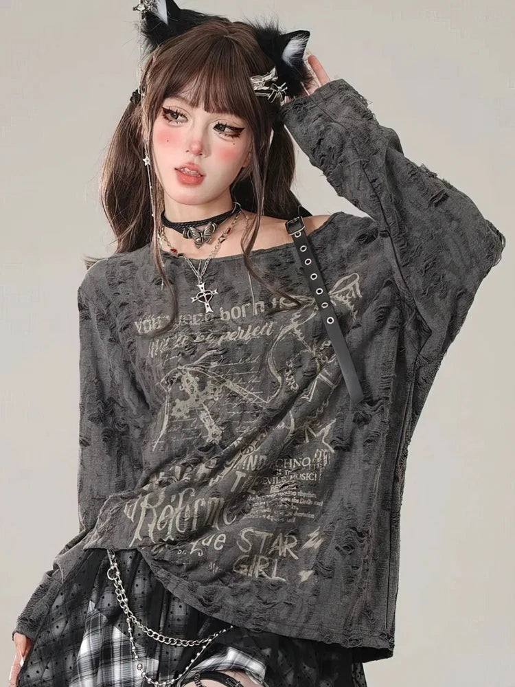Gothic Vintage Oversize Long sleeve T shirt Women Sweet Sexy Off shoulder Tops Spring Autumn Fashion Holes Basic Tees voguable