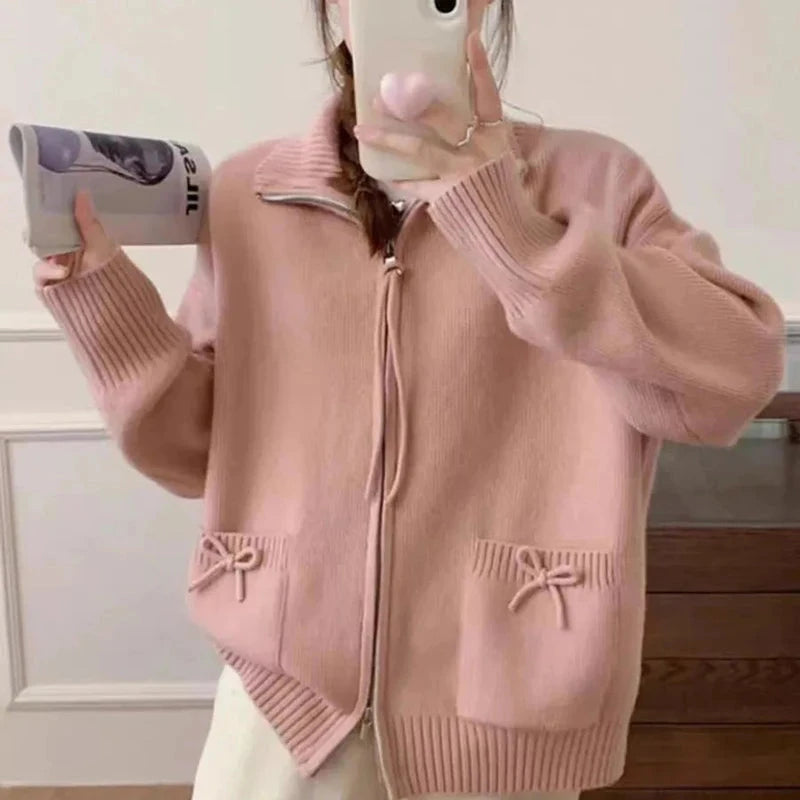 Korean Bow Cardigan Women Lazy Wind Double Zipper Long Sleeve Knitted Jacket Vintage Sweet Casual Preppy Style Tops Coat voguable