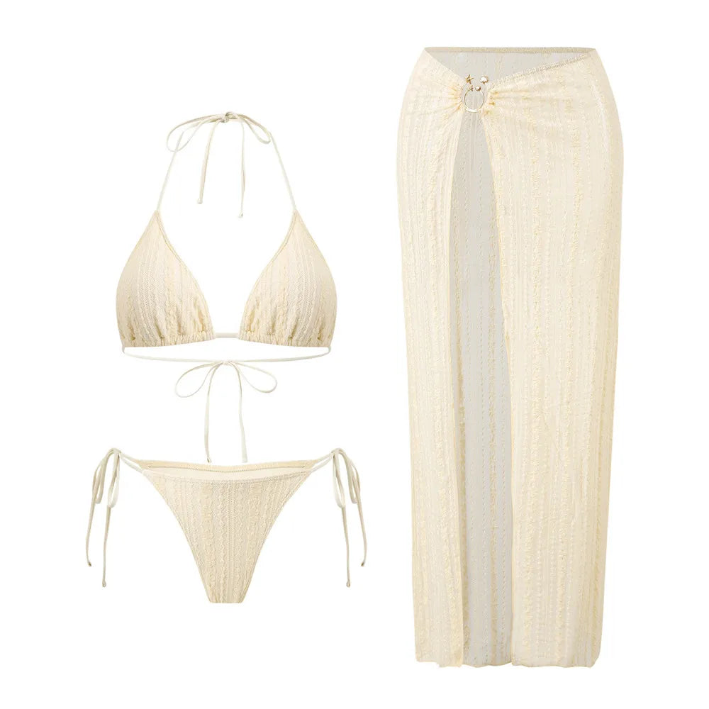 Voguable  Beige Lace Mesh Halter String Bikinis Sets 3 Pieces Cover Ups Holiday Swimwear Sexy Micro Thong Swimsuit Woman Beach Wear voguable