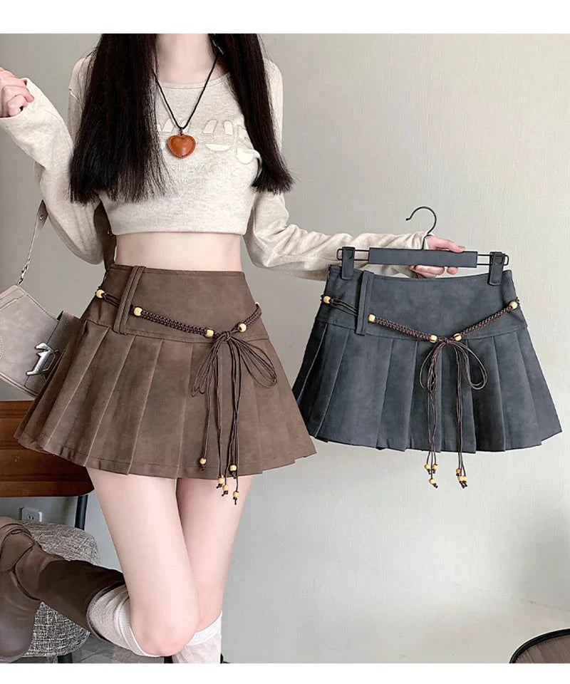 Pu Sexy Pleated Skirts Women High Waist Vintage Mini A Line Skirt Fall Winter Casual Preppy Style Female Sweet Retro Skirt voguable