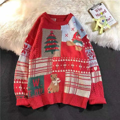 New Year warm pullovers round neck sweater women street stitching Christmas tree jacquard sweater ins couple loose in winter voguable