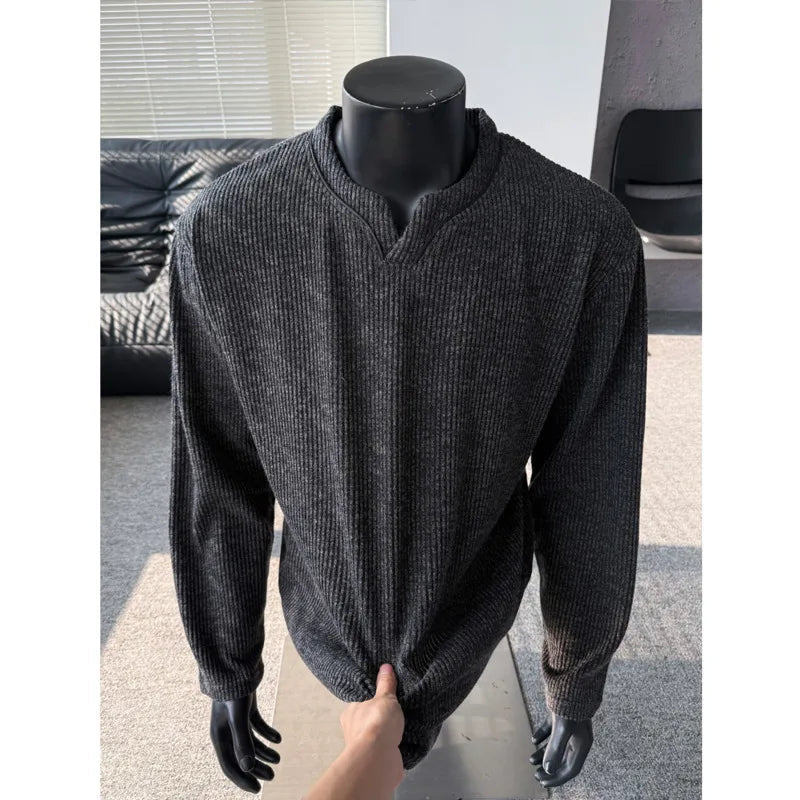 Autumn Long Sleeved T-shirt Men Fashion V-neck T-shirt Men Streetwear Hip-hop Loose Casual Pleated T Shirt Mens Top M-3XL voguable