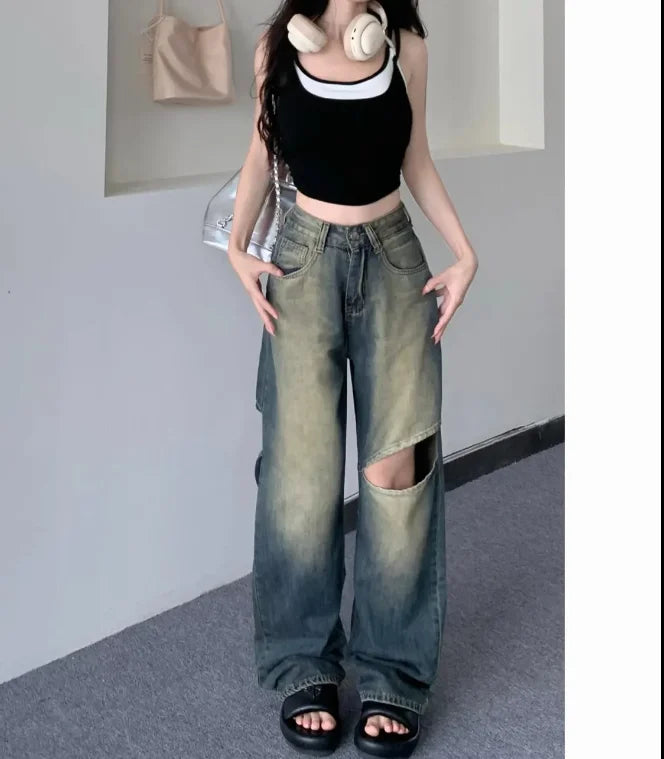 Korean fashion casual star print tooling jeans women's Baggy American stitching contrast color loose straight wide-leg pants ins voguable