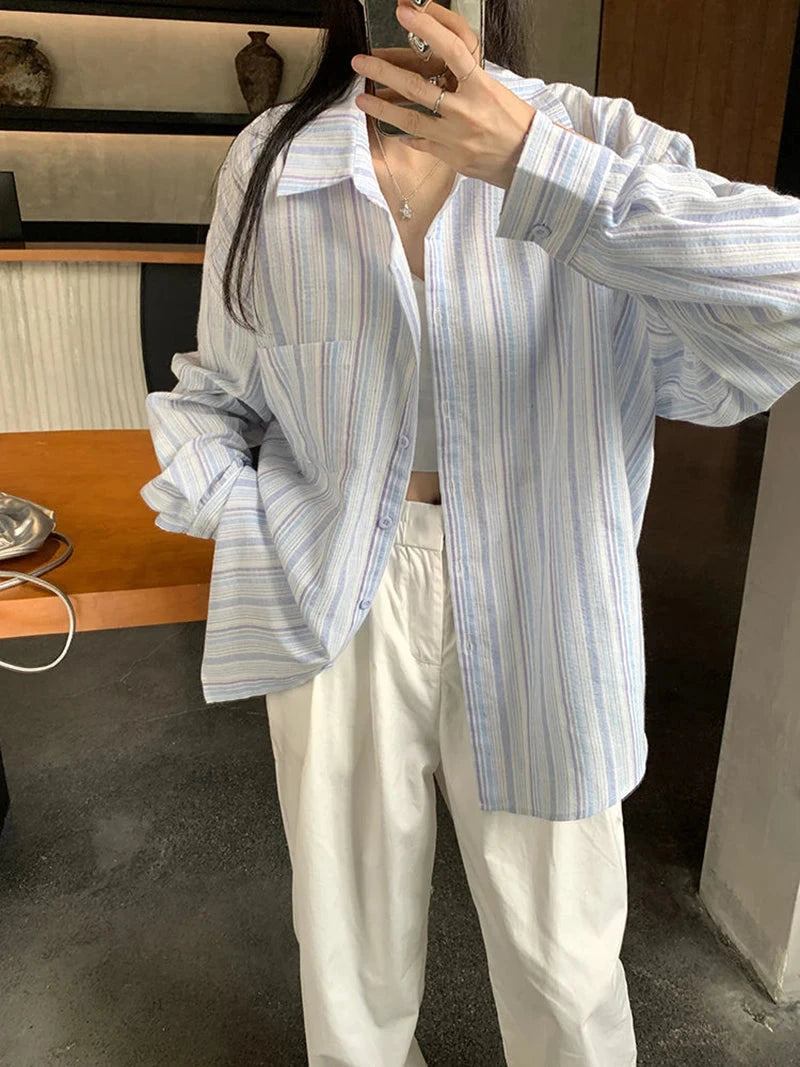 Sweet Casual Women Striped Shirts Loose Long Sleeve Vintage Cotton Linen Sun Proof Blouse Korean Preppy Style Letter Retro Tops voguable