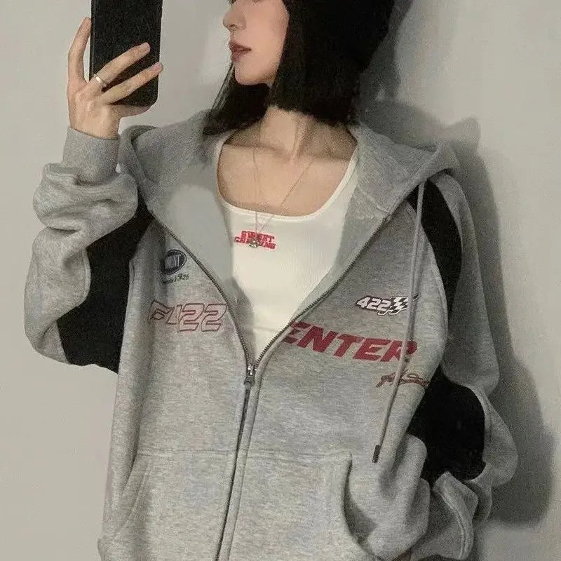 Vintage Oversize Zip Up Hoodies Women Streetwear Korean Fashion Harajuku Sweatshirt Hooded Baddie Clothes Graphic Hoodie voguable