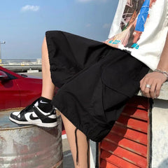 Voguable  7-point Men Summer Thin Japanese Workwear Wide-leg Loose Over-knee Shorts voguable