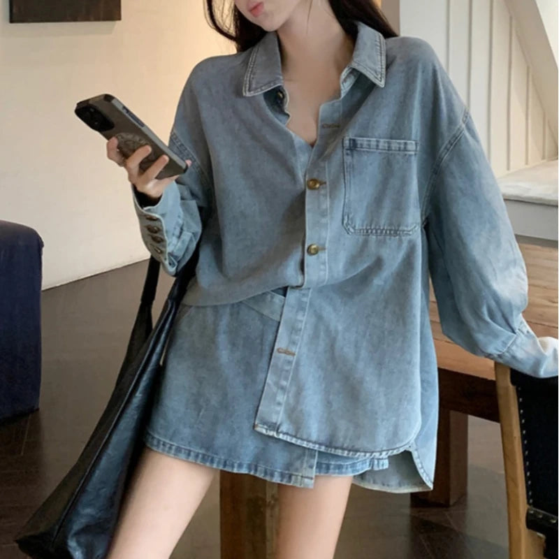 Voguable 2024 Spring New Streetwear Distressed Loose Casual Denim Long-sleeved Shirt Women + Asymmetric Sexy A-line Skirt Two-piece Suit voguable