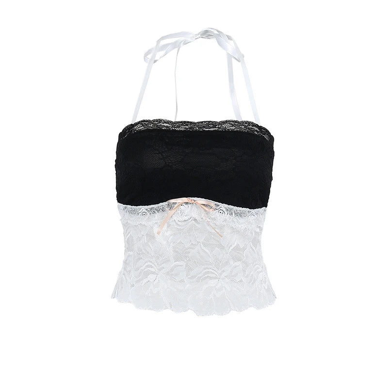 Voguable  Y2k Flower Lace Patchwork Trim Crop Top Female Fairycore Strappy Halter Sleeveless Backless Sexy Party Camisole with Bowknot voguable