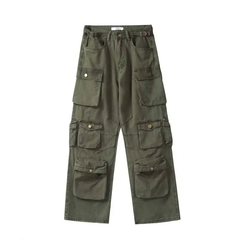 Street Popular White Multi-pocket Overalls Men's Harajuku Style Loose Casual Trousers Straight Mopping Pants Autumn New voguable