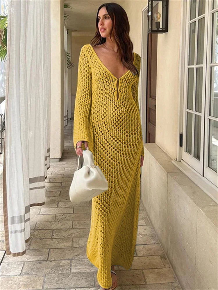 White Knit Fashion Cover up Maxi Dress Female See-Through V-Neck Hollow Out Beach Holiday Dress Knitwear Backless Dress voguable