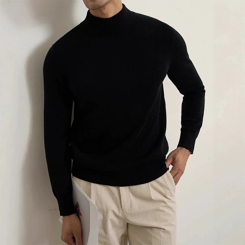 New American Retro Men Basic Sweater Luxury Knitted Solid Color Mock Neck Long Sleeve Pullover Casual Slim High Quality Knitwear voguable