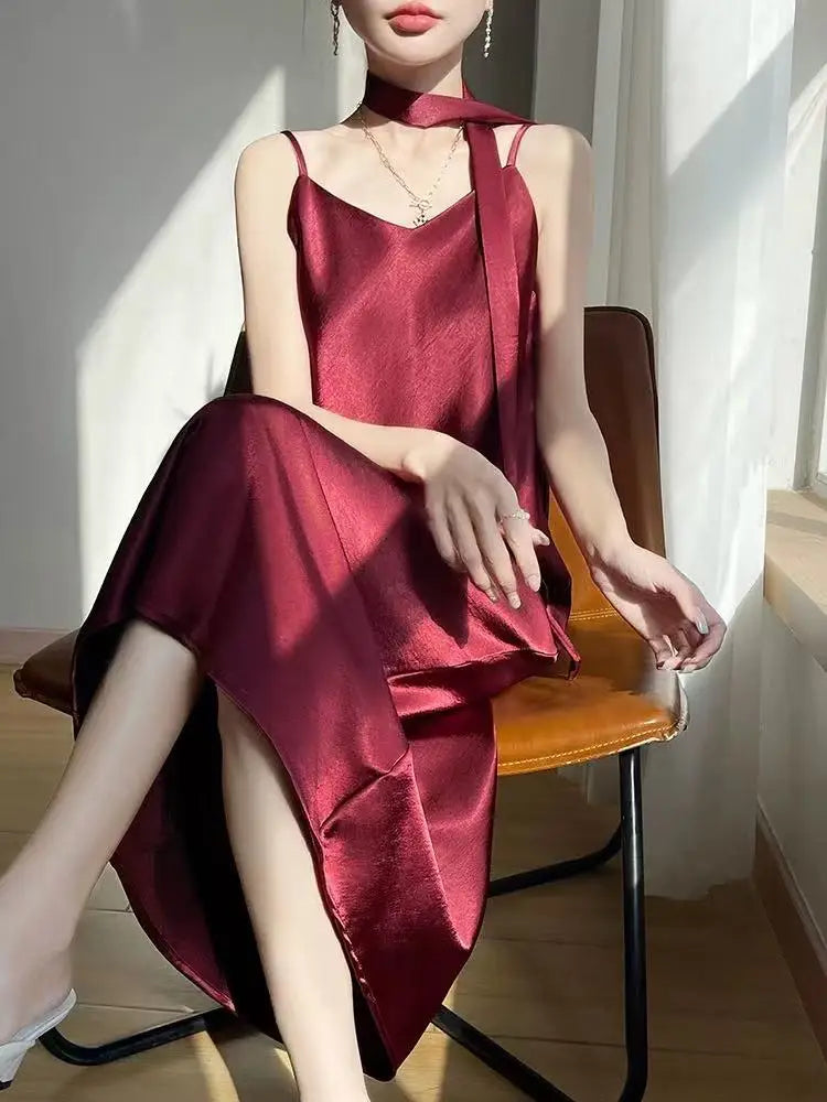 French Elegant Satin Camis Dress Women Summer Loose with Ribbon Midi Dress Female Fashion Aesthetic Party Evening Slip Dress voguable