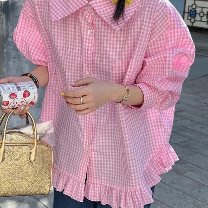 Vintage Black Plaid Shirt Women Loose Sweet Preppy Style Long Sleeve Blouse Fall Casual Retro Cute All Match Female Tops New voguable