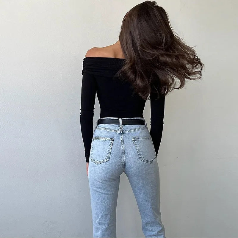 Red Sexy Off Shoulder Women's Bodysuits Fashion Crossed Folds Skinny Rompers Long Sleeve Fashion Streetwear Autumn Bodysuits New voguable