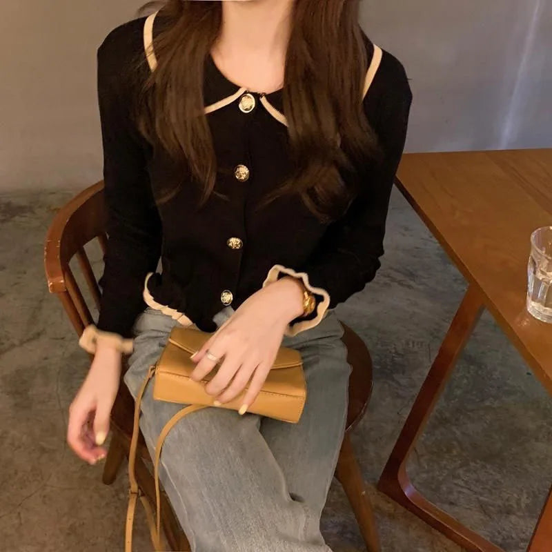 Ruffles Sweet Cardigan Sweaters Women Fashion Slim Long Sleeve Knitted Short Coat Elegant Patchwork Korean Lady Black Tops voguable