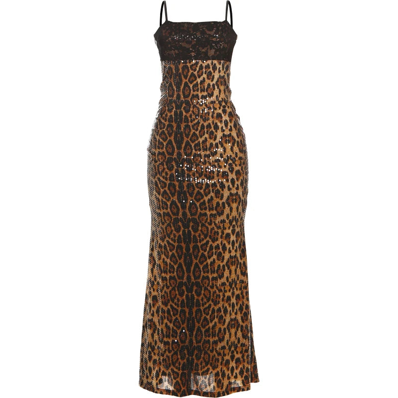 Voguable  Sexy Leopard Slip Dress Women Jacquard Lace Patchwork Sequined Backless Elegant Stretch Slim Street Clubwear Bodycon voguable