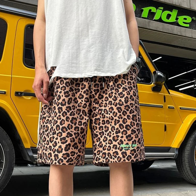 Voguable  Japanese Trendy Leopard Print Shorts Men Women Korean Style Summer Streetwear Unisex Outer Wear Loose Straight Kpop Beach Pants voguable