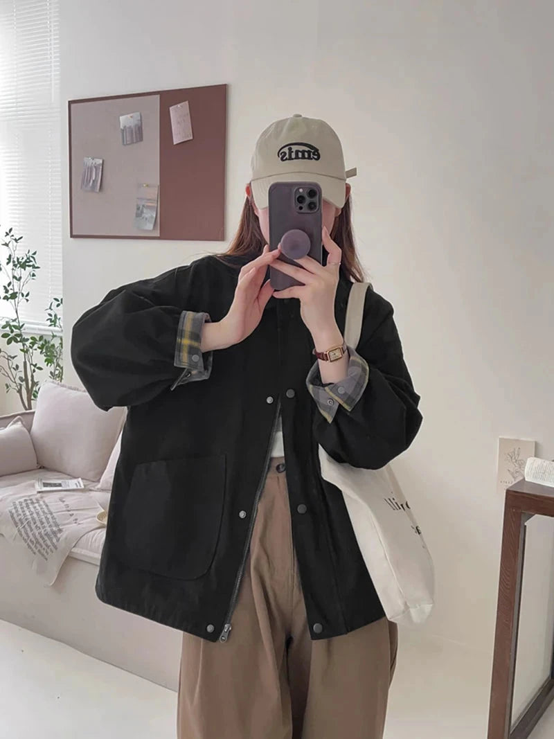 Fall Women Cargo Jacket Loose Preppy Style Long Sleeve Vintage Coat Casual Big Pockets American Retro Solid Bf Outwear Tops voguable