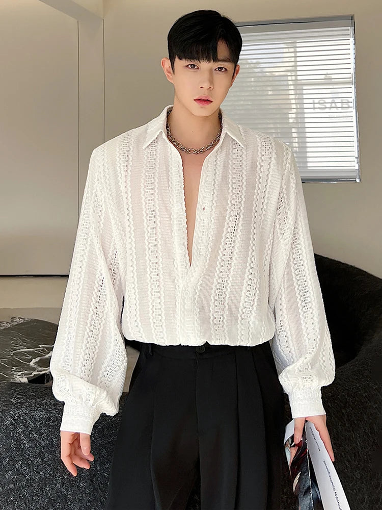 Voguable 2024 Korean Splicing Translucent Design Long Sleeve Shirt Men's Niche Stylish Elegant Temperament Street Male Tops voguable